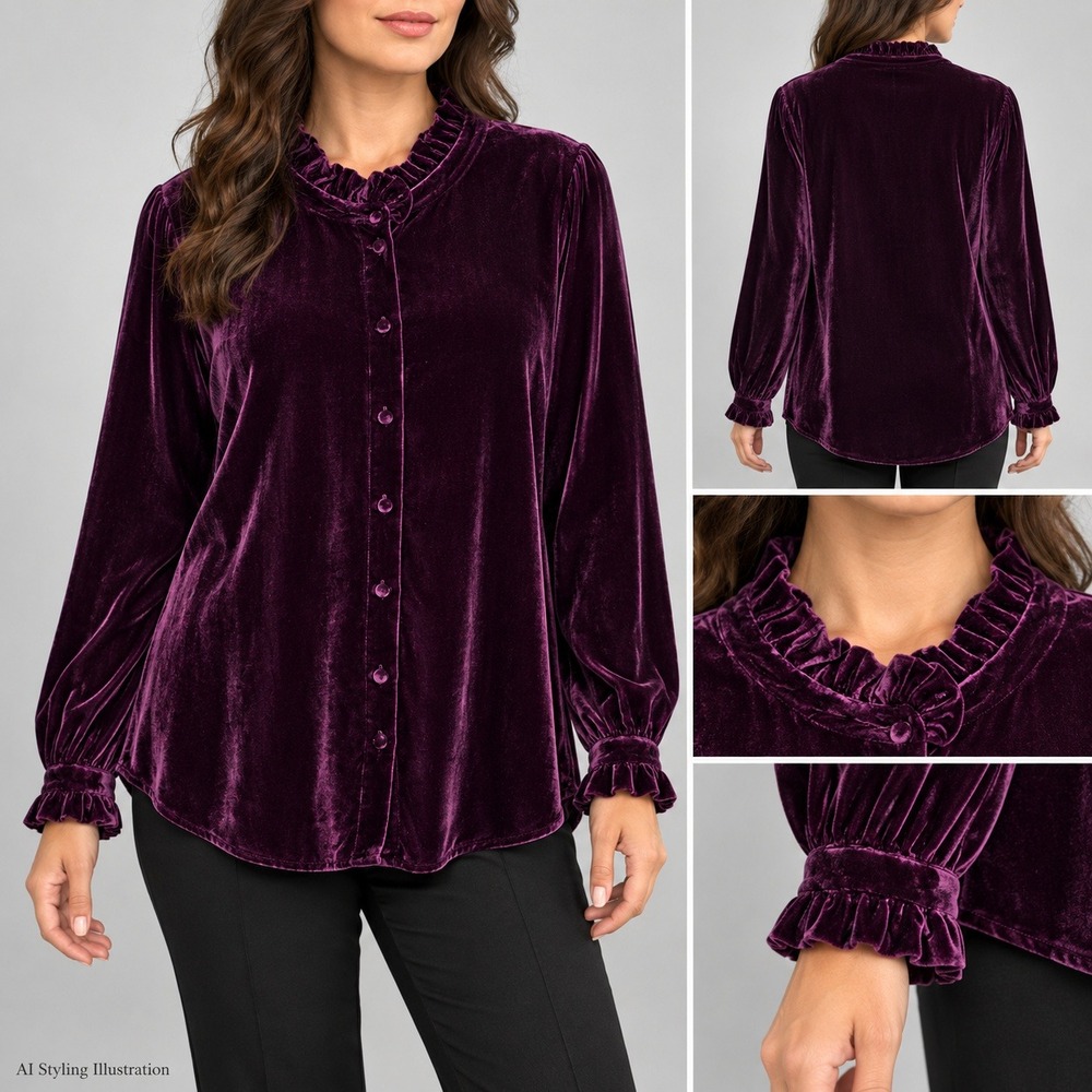 Velvet Button Up Shirt Large Plum Purple Ruffle Long Sleeve Victorian Whimsigoth